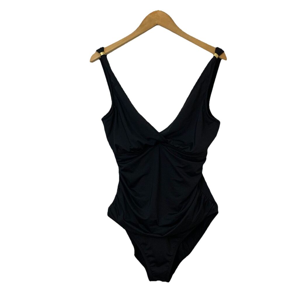 Lauren Ralph Lauren 1pc Swimsuit Women 14 Black V-Neck Ruched Underwire Classic